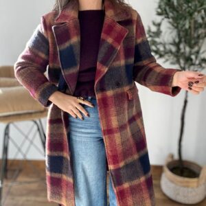 Abrigo LANA largo cuadros burdeos