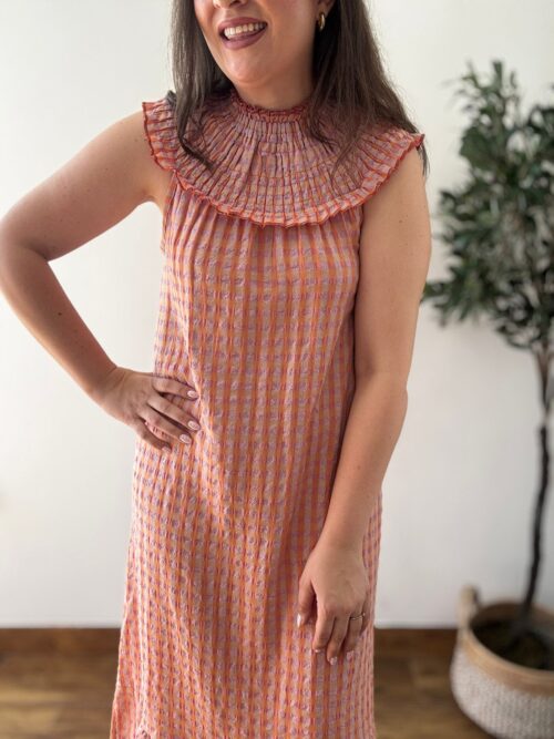 Vestido VICHY maxi cuello naranja