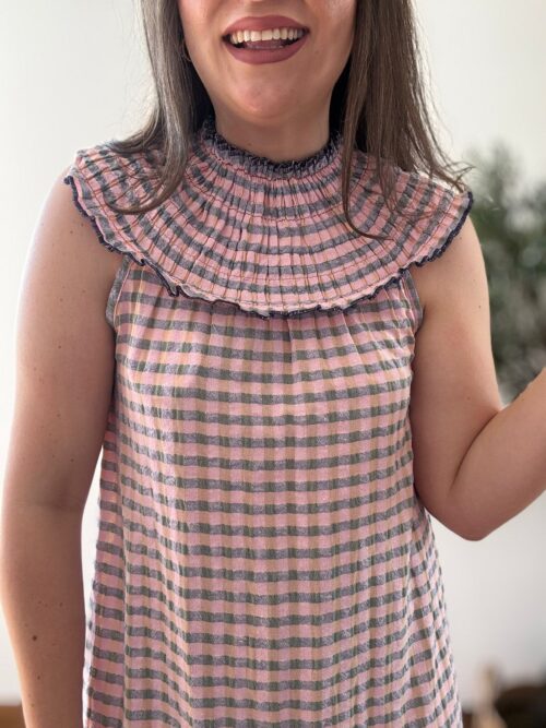 Vestido VICHY maxi cuello rosa