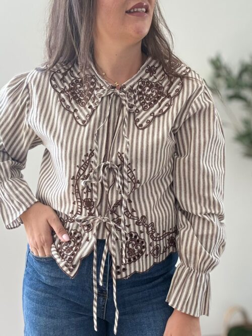 Camisa RAYAS y BORDADOS chocolate